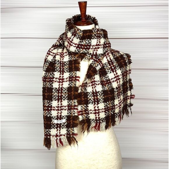 Wool Tartan Plaid Boucle Cream Brown Burgundy Scarf Unisex - Picture 3 of 8